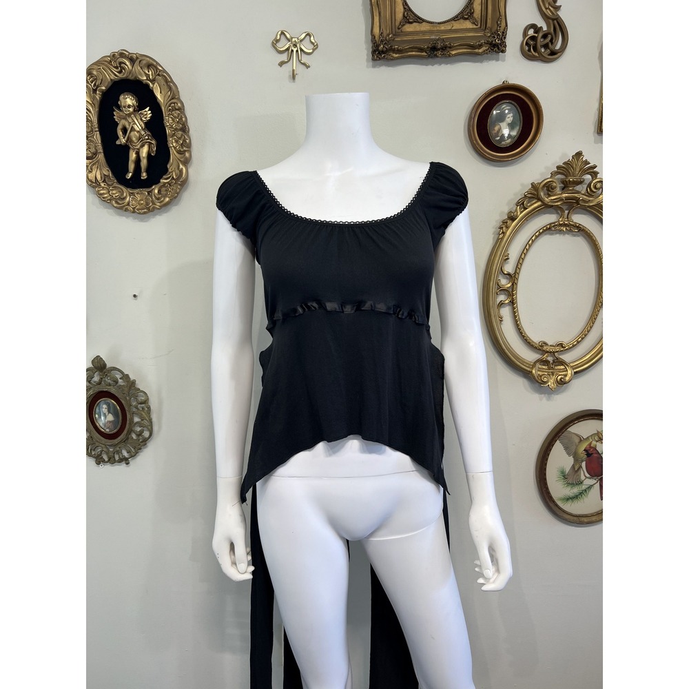 Cheryl Creations Vintage Y2K Black Dramatic Back Tail Cap Sleeve Top Size Large